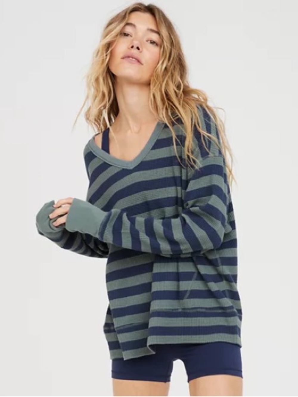 OFFLINE by Aerie Wow! Waffle Knit Oversized Navy Striped V-Neck Shirt Small